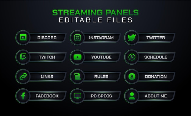 Vetor conjunto de botões de painéis de jogos twitch para streaming