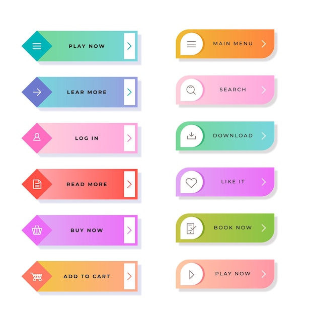 Conjunto de botões planos modernos de moda vetoriais Diferentes cores de formas principais e ícones com outli preto