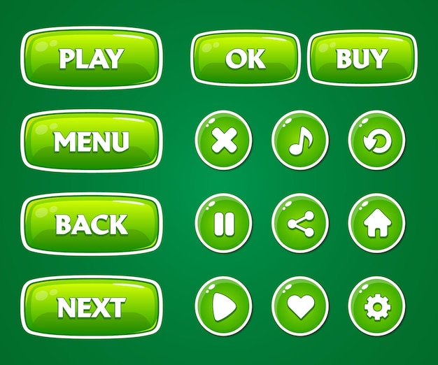Conjunto de botões verdes para jogos para celular. conjunto de botões de interface do usuário dos desenhos animados de interface verde do jogo. elementos da interface do usuário