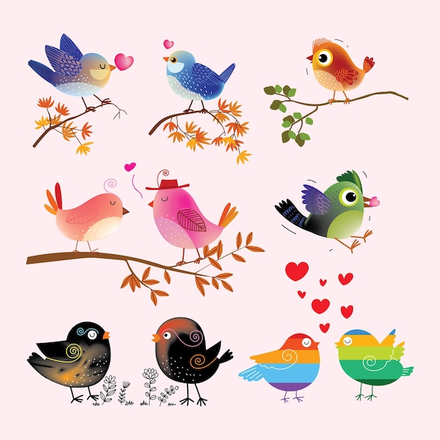 Vetor conjunto de brilhantes e exóticos passarinhos tropicais pequenos pássaros desenhados à mão coleção de ilustrações vetoriais