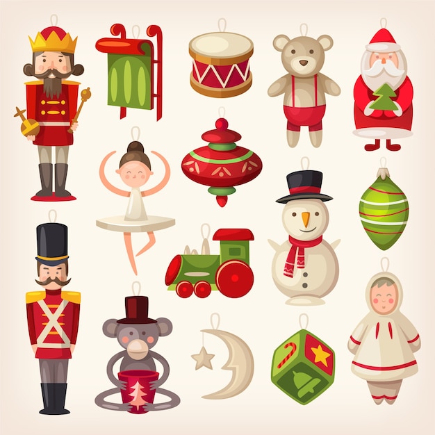 Conjunto de brinquedos coloridos retrô de madeira para árvores de natal