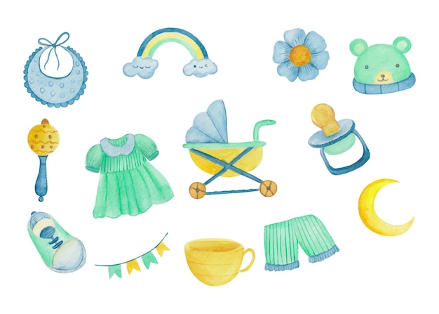 Conjunto de brinquedos de bebê aquarela desenhada à mão