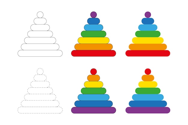 Vetor conjunto de brinquedos de pirâmide, cores do arco-íris, pirâmide pontilhada, coloração, educação pré-escolar, para criar planilhas