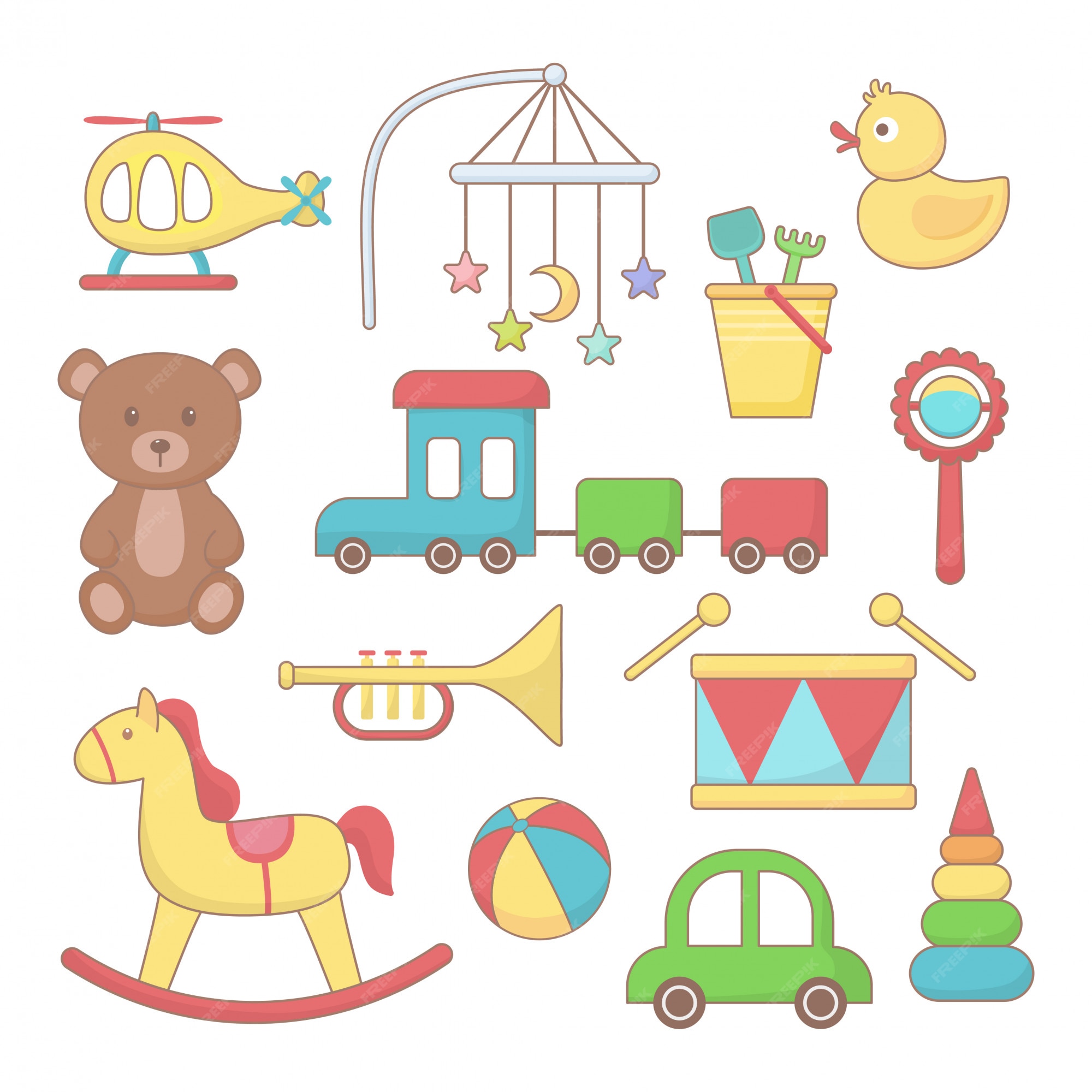 Conjunto de ícones de itens de bebê com brinquedos e acessórios para  crianças em desenho animado [download] - Designi