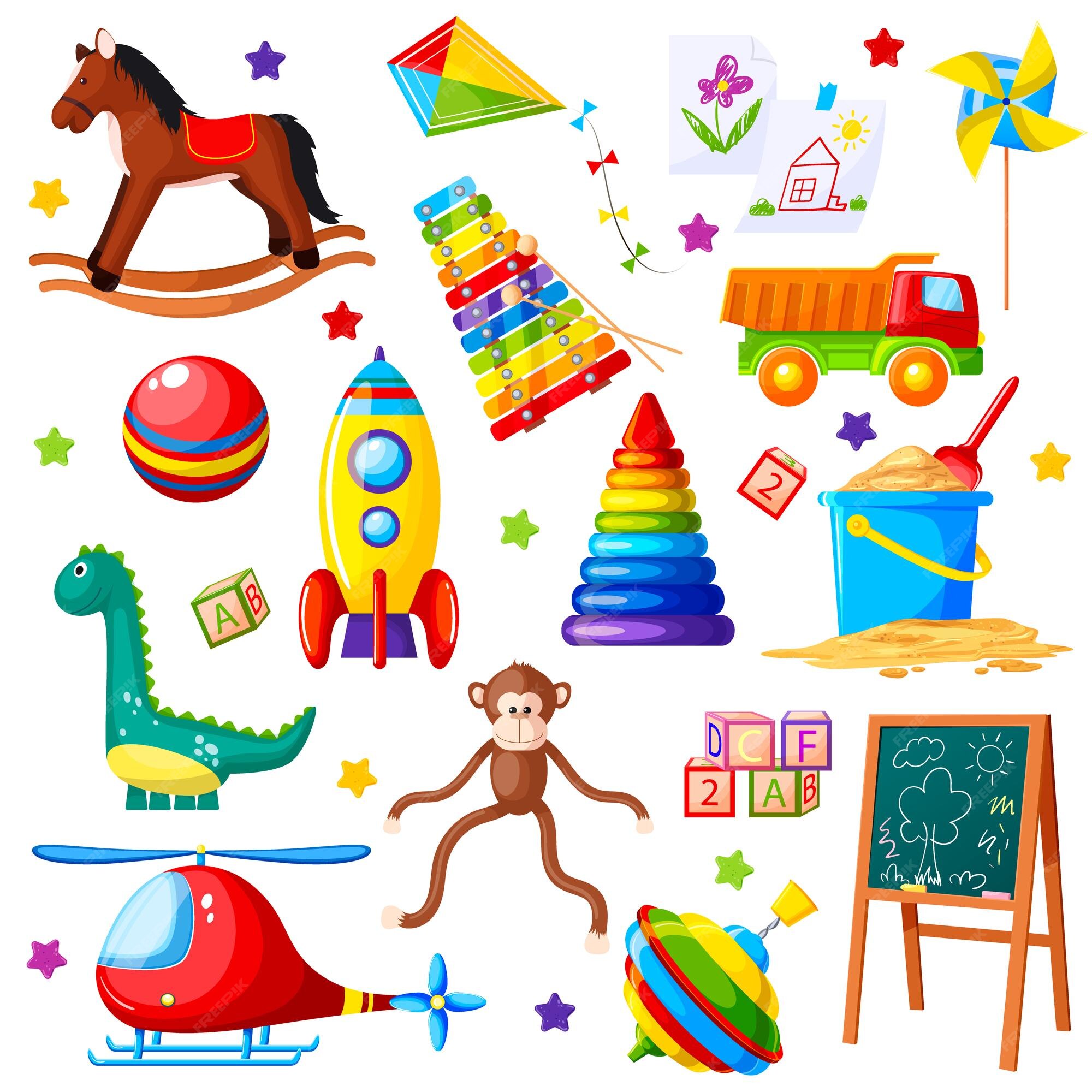 Ilustração Vetorial Pacote De Adesivos Ordem On-line Brinquedo Infantil  Feliz Itens De Jogo Pinwheel Car Pyramid Ball Cavalo De Balanço Rattle  Tumbler Coelho Escola Primária Jardim De Infância Jogo Royalty Free SVG