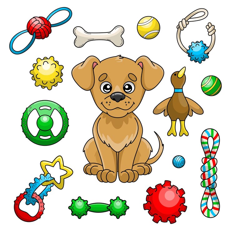 Vetor conjunto de brinquedos para cães de desenho animado para pet shop acessórios para jogos de cachorro ilustração colorida isolada em vetor