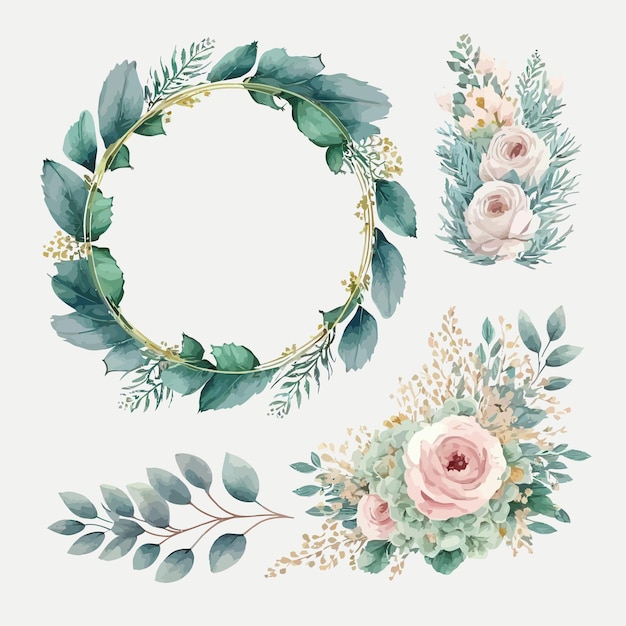 Conjunto de buquê de ilustração floral em aquarela coleção verde blush azul amarelo moldura de borda coroa de flores Modelo de elementos decorativos Ilustração plana dos desenhos animados isolada no fundo branco