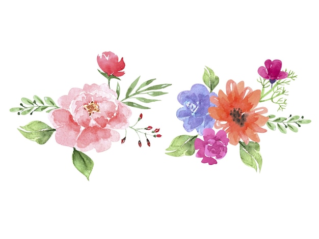 Conjunto de buquês de aquarela de flores multicoloridas brilhantes pintadas à mão para design e convites