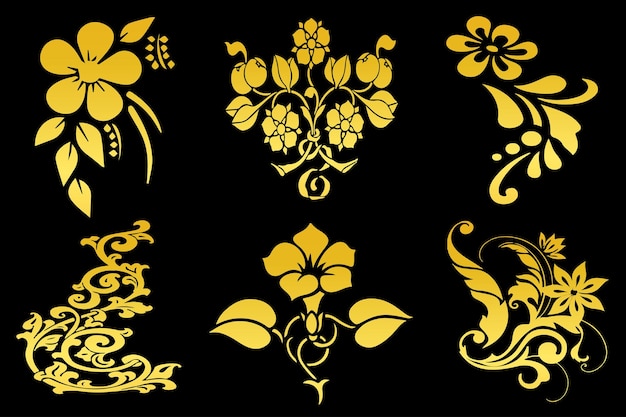 Conjunto de buquês de flores douradas de luxo para decoração. padrão floral sem costura em fundo preto