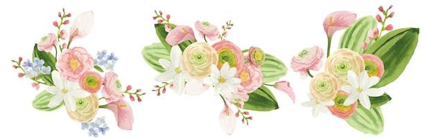 Conjunto de buquês de flores em aquarela com flores e folhas rosa claro