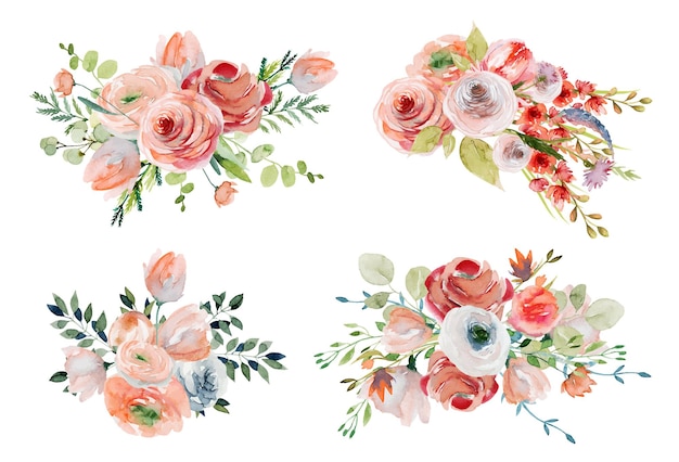 Conjunto de buquês de flores em aquarela de primavera e composições de rosas cor de rosa e brancas, flores silvestres e folhagens