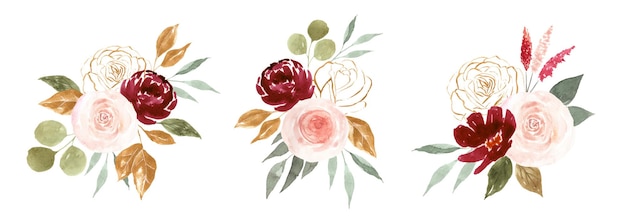 Conjunto de buquês de flores em aquarela isolados em fundo branco rosas peônias e folhas