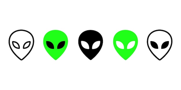 Vetor conjunto de cabeça de diferentes alienígenas em fundo branco. ilustração alienígena de rosto verde e preto.