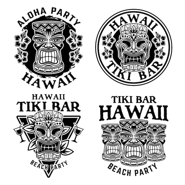 Conjunto de cabeça de madeira tiki havaiana de quatro emblemas monocromáticos vetoriais emblemas etiquetas etiquetas ou logotipos em estilo vintage isolado no fundo branco
