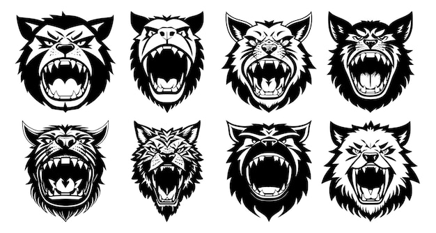 Conjunto de cabeças de animais fantásticas com boca aberta e presas à mostra com diferentes expressões de raiva do focinho Símbolos para emblema de tatuagem ou logotipo isolado em um fundo branco