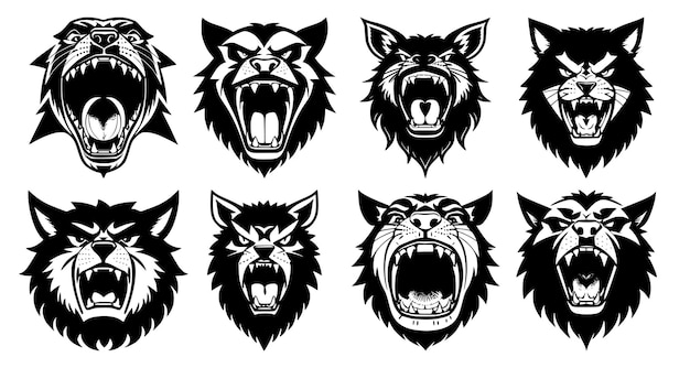 Conjunto de cabeças de animais fantásticas com boca aberta e presas à mostra com diferentes expressões de raiva do focinho Símbolos para emblema de tatuagem ou logotipo isolado em um fundo branco