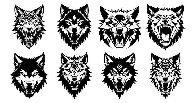 Conjunto de cabeças de lobo com boca aberta e presas à mostra com diferentes expressões de raiva do focinho Símbolos para emblema de tatuagem ou logotipo isolado em um fundo branco