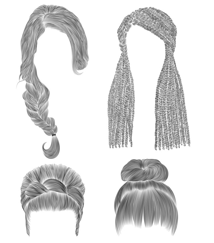 Vetor conjunto de cabelos de mulher. esboço de desenho a lápis preto. babette coque com franja hairstyle.women moda beleza estilo. trancinhas africanas.