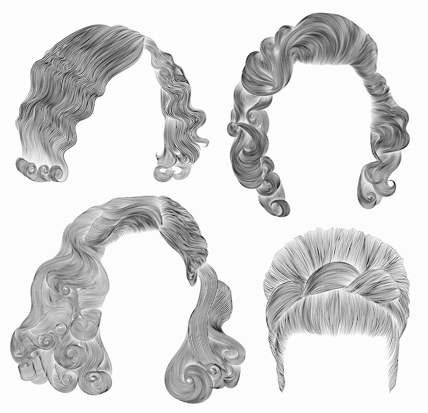 Vetor conjunto de cabelos de mulher. esboço de desenho a lápis preto .retro hairstyle.babette ondas encaracoladas