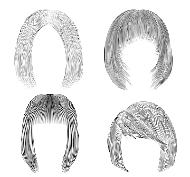 Vetor conjunto de cabelos de mulher médio. esboço de desenho a lápis preto. moda feminina estilo de beleza. cuidados em cascata com franjas.