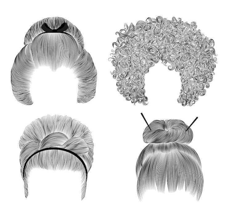 Vetor conjunto de cabelos diferentes mulheres engraçadas. desenho de lápis de franja esboço. pão japonês de penteado com presilha. penteados africancurls. presilha de cabelo retrô.