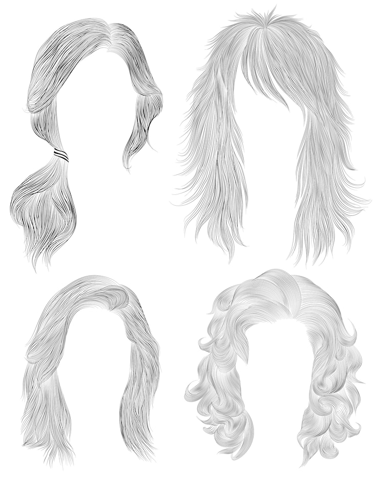 Vetor conjunto de cabelos longos de mulher. esboço de desenho a lápis preto. moda feminina estilo de beleza. rabo . cachos de franja em cascata.