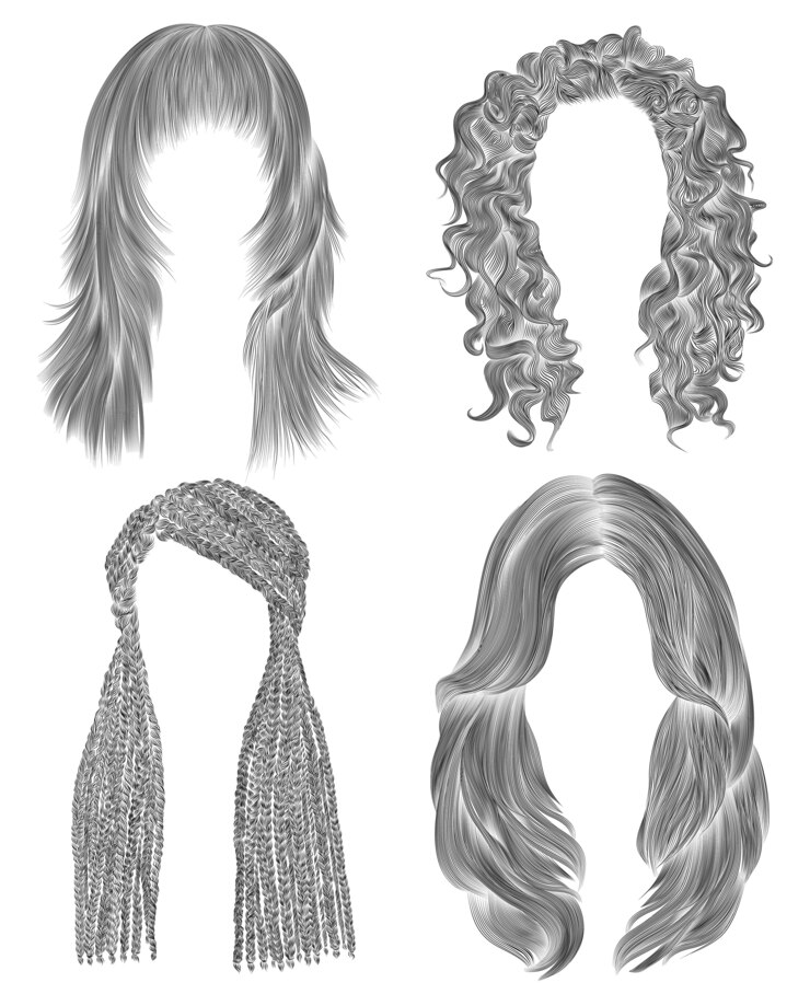 Vetor conjunto de cabelos longos de mulher. esboço de desenho a lápis preto. moda feminina estilo de beleza. trancinhas africanas. cachos de franja em cascata.