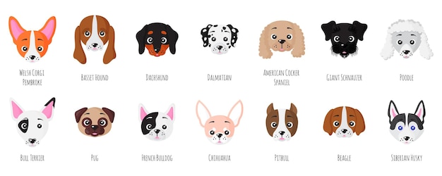 Conjunto de cachorrinhos face de diferentes raças. ilustração isolada dos desenhos animados do vetor.