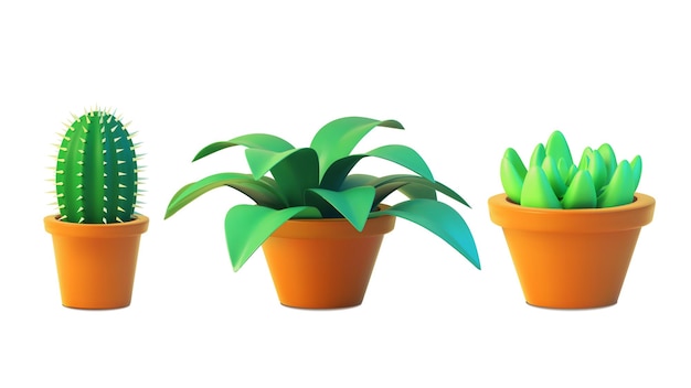 Conjunto de cactos de planta de casa e suculentas no pote. ilustração 3d