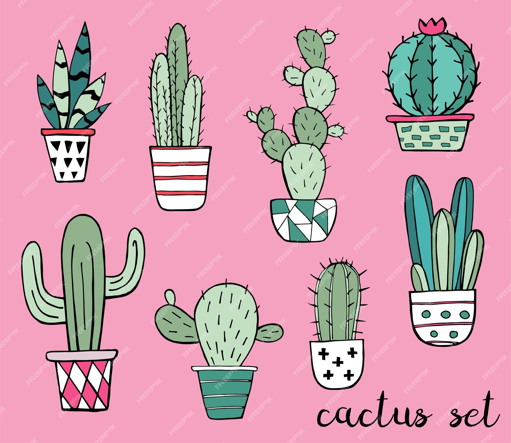 Conjunto De Plantas De Cactos Desenhadas À Mão Em Um Estilo De