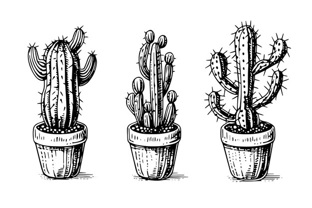 Conjunto De Cactos Desenhados À Mão. Cacto De Desenho Animado