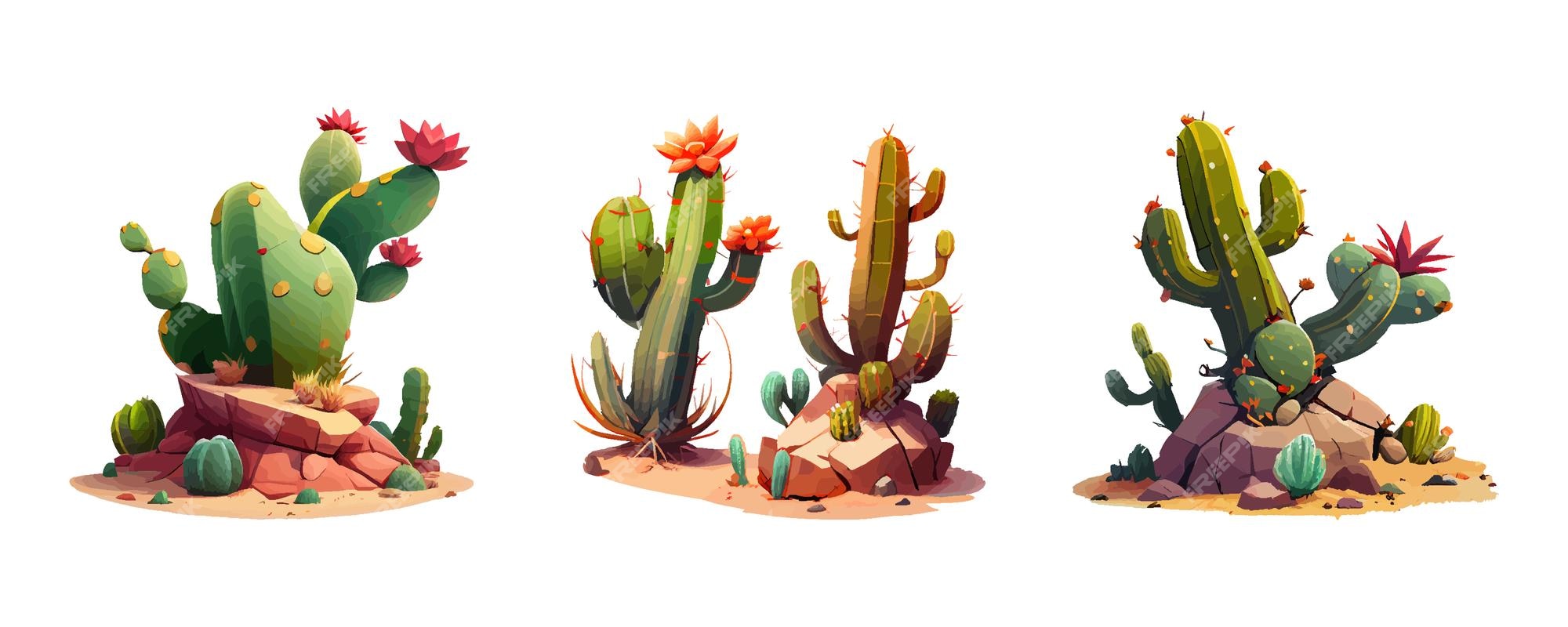 Conjunto de cactos em estilo simples de desenho animado isolado no