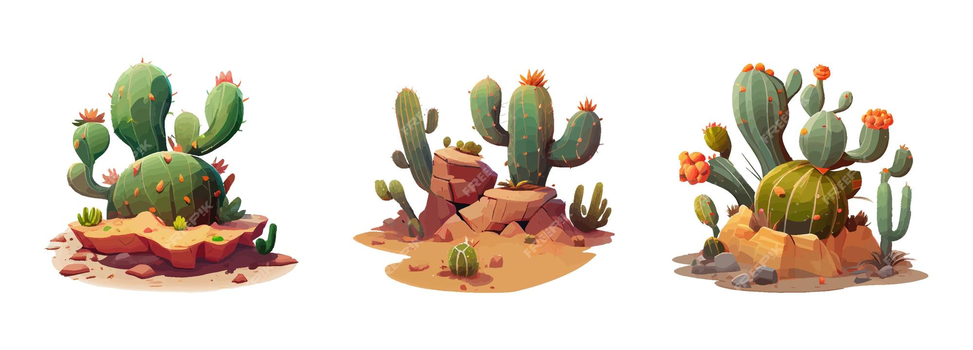 Conjunto de cactos em estilo simples de desenho animado isolado no