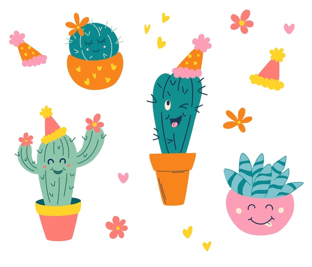 Conjunto de cactos fofos. plantas caseiras. cactos com caras engraçadas em vasos. para postais, cartões de aniversário, convites ou como autocolante. ilustrações desenhadas à mão em estilo de desenho animado moderno e moderno