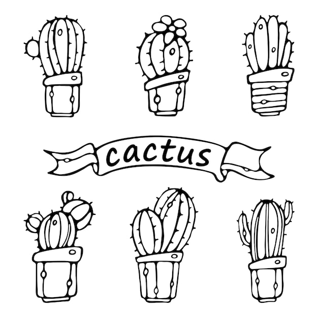 Conjunto de cactos suculentos de desenhos animados em potes de cerâmica contornam doodle estilo gravado vetor premium