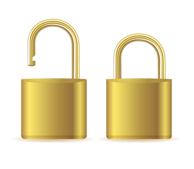 Vetor conjunto de cadeados de ouro dourado fechado e aberto, cadeado isolado, modelo de fechaduras cromadas vetor