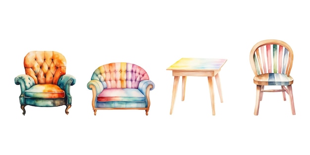 Vetor conjunto de cadeiras de mesas de sofás aquarela em fundo branco