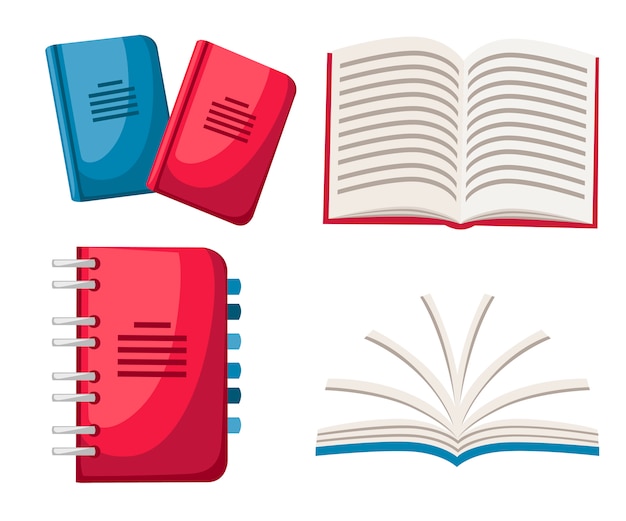 Conjunto de cadernos. Caderno espiral e normal. ícone do escritório. Cadernos fechados e abertos. ilustração em fundo branco