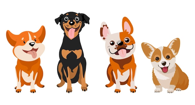 Conjunto de cães de desenho animado de diferentes raças, pinscher, corgi, bulldog. Ilustração, vetor