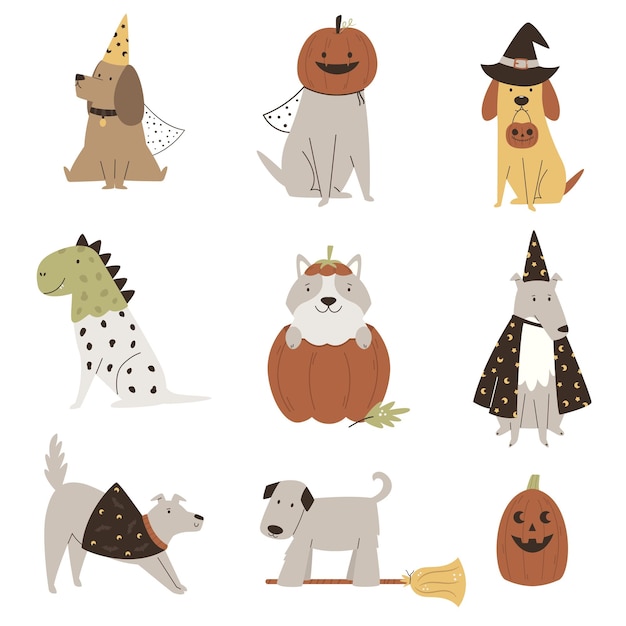 Conjunto de cães de halloween em fantasias de rímel desenhos de personagens animais em estilo cartoon