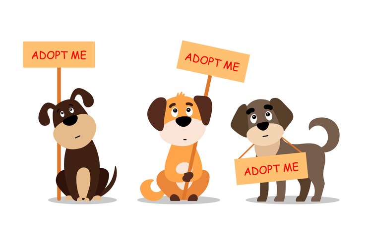 Vetor conjunto de cães sentados e em pé com um cartaz adote-me. não compre - ajude os animais de rua a encontrar uma casa, kit de filhotes tristes - ilustração