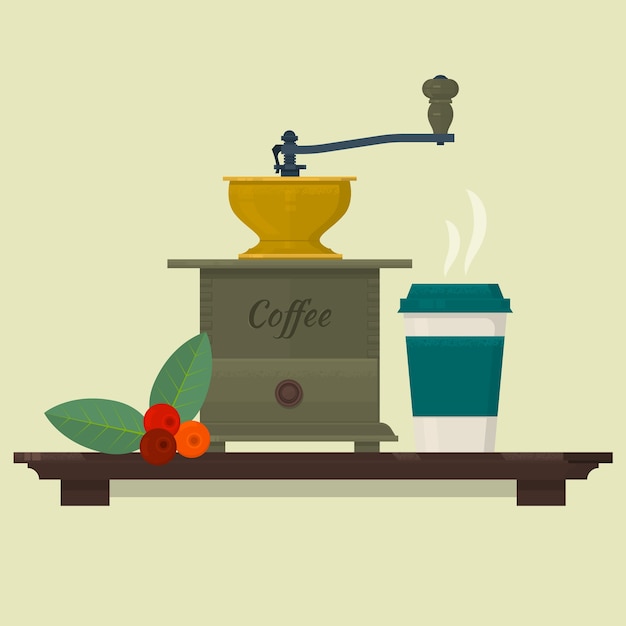Vetor conjunto de café com moinho de café, feijão e copo