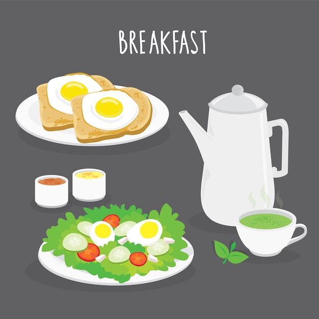 Conjunto de café da manhã, pão, ovo frito, salada e chá verde. ilustração em vetor dos desenhos animados