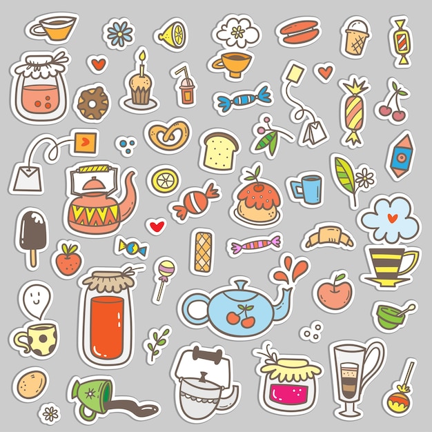 Conjunto de café vetorial coleção colorida de café doodle coisas de impressão fofas alimentos bebidas e utensílios