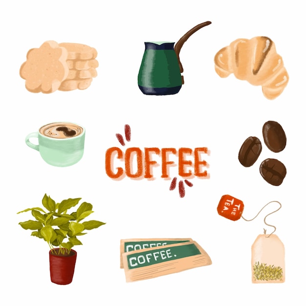 Conjunto de café vetorial. ícones para cafeteria, restaurante, café. planta de café, croissant, xícara de café