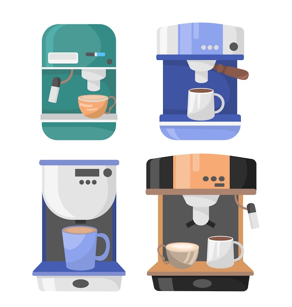 Vetor conjunto de cafeteiras aparelhos para a preparação de espresso latte e bebidas quentes americano