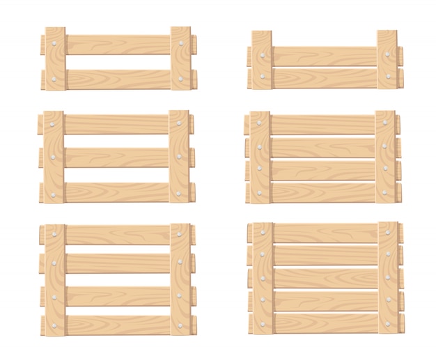Conjunto de caixa de madeira para guardar vegetais e frutas e caixas de comida ilustração vista frontal
