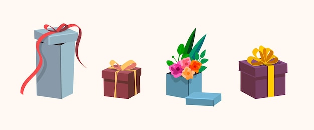 Conjunto de caixa de presente colorida com fitas e flores Ilustração vetorial Todos os objetos são isolados