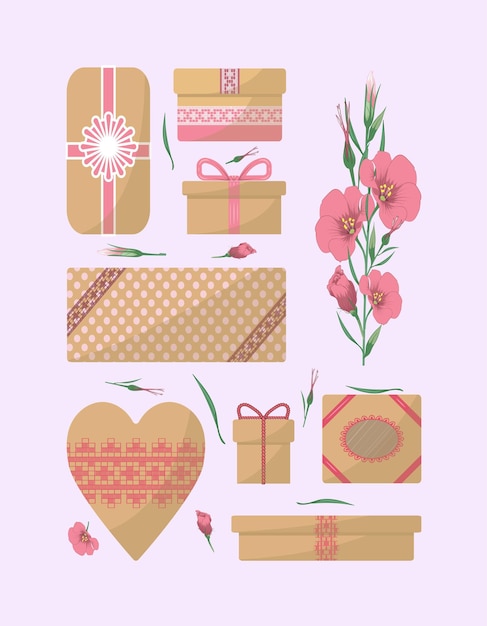 Conjunto de caixas de férias e flores imagem multicolorida ilustração vetorial