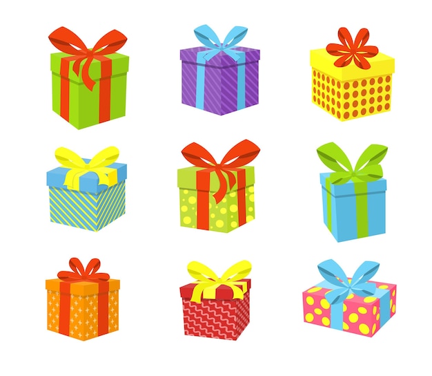 Conjunto de caixas de presente de cor no fundo branco dos desenhos animados de ilustração vetorial. Pilha de wraps com fitas para o Natal, ano novo ou presente de aniversário. Surpresa, feriado, conceito de festa